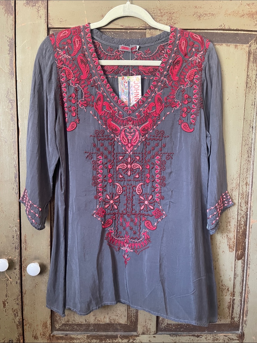 Johnny Was Gray Tunic with Pink & Red Embroidery